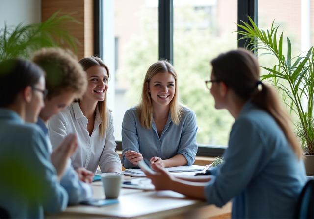 Un equipo de trabajo colaborando en una oficina luminosa y moderna